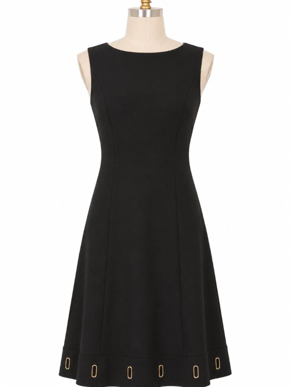 WHBM Black Sleeveless Fit & Flare Dress Size 2 Gold Hardware Eyelet Hem Career